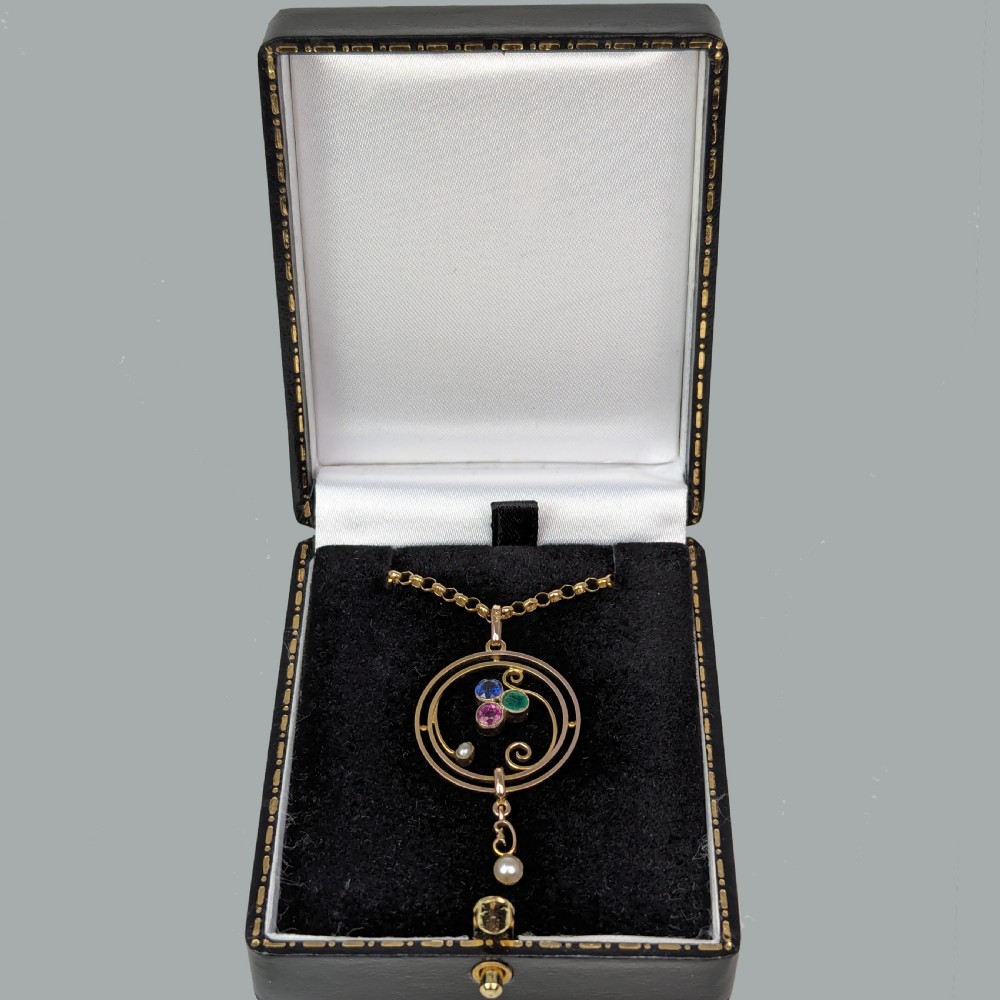 Edwardian Ruby Sapphire Emerald Pearl Pendant 9ct Gold Art Nouveau Vintage Chain View IV