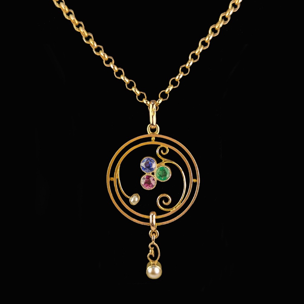 Edwardian Ruby Sapphire Emerald Pearl Pendant 9ct Gold Art Nouveau Vintage Chain View V