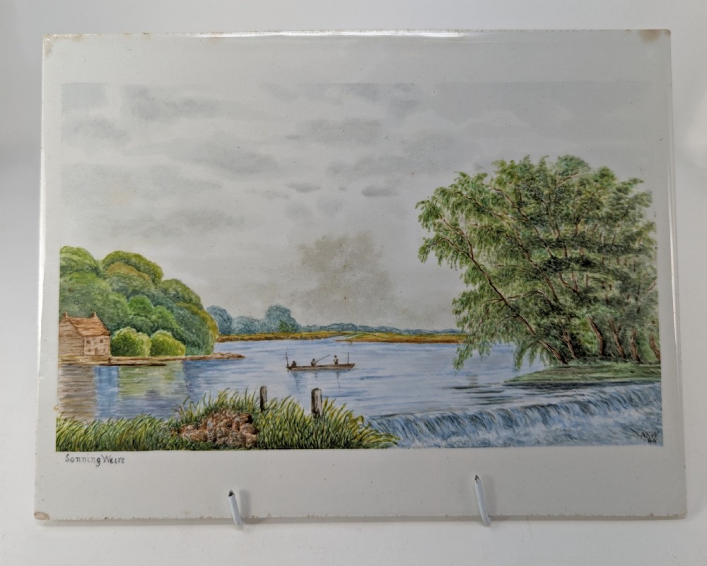 Vintage Hand Painted Decorative Wall Tile of Sonning Weire 1930s by AFW