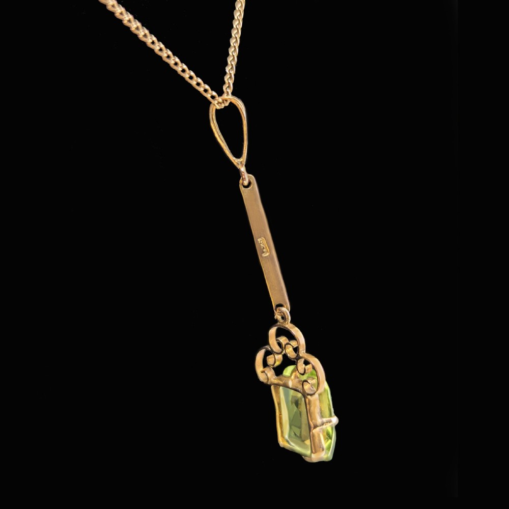 Edwardian Peridot Necklace 9ct Gold Antique Drop Pendant with Chain Vintage circa 1910 View IV