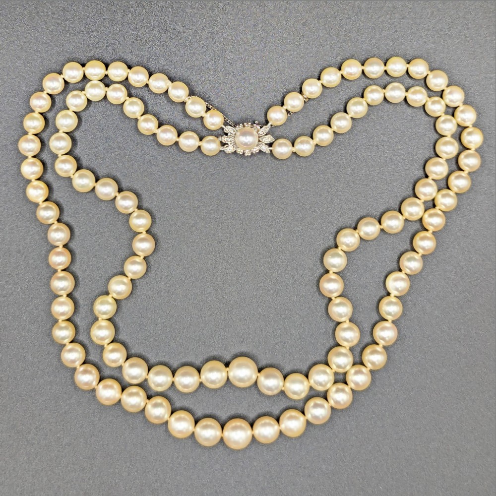 Edwardian Pearl Necklace Diamond Clasp Antique Double Row Pearls with Gem Certificate