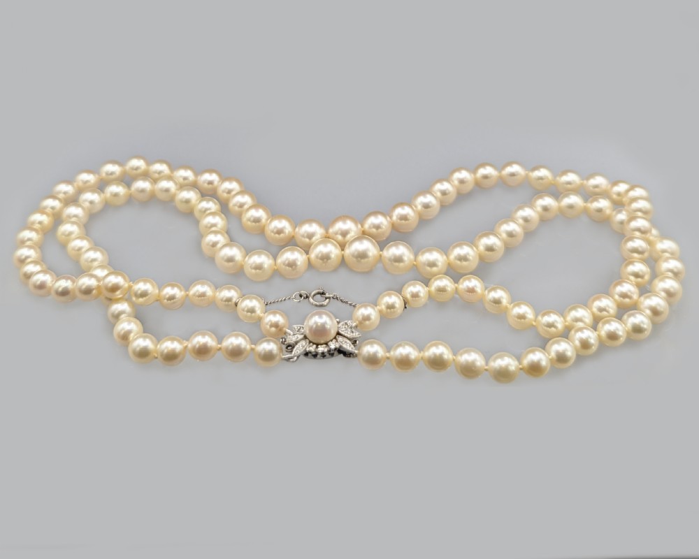 Edwardian Pearl Necklace Diamond Clasp Antique Two Row Pearls with Gem Certificate View V
