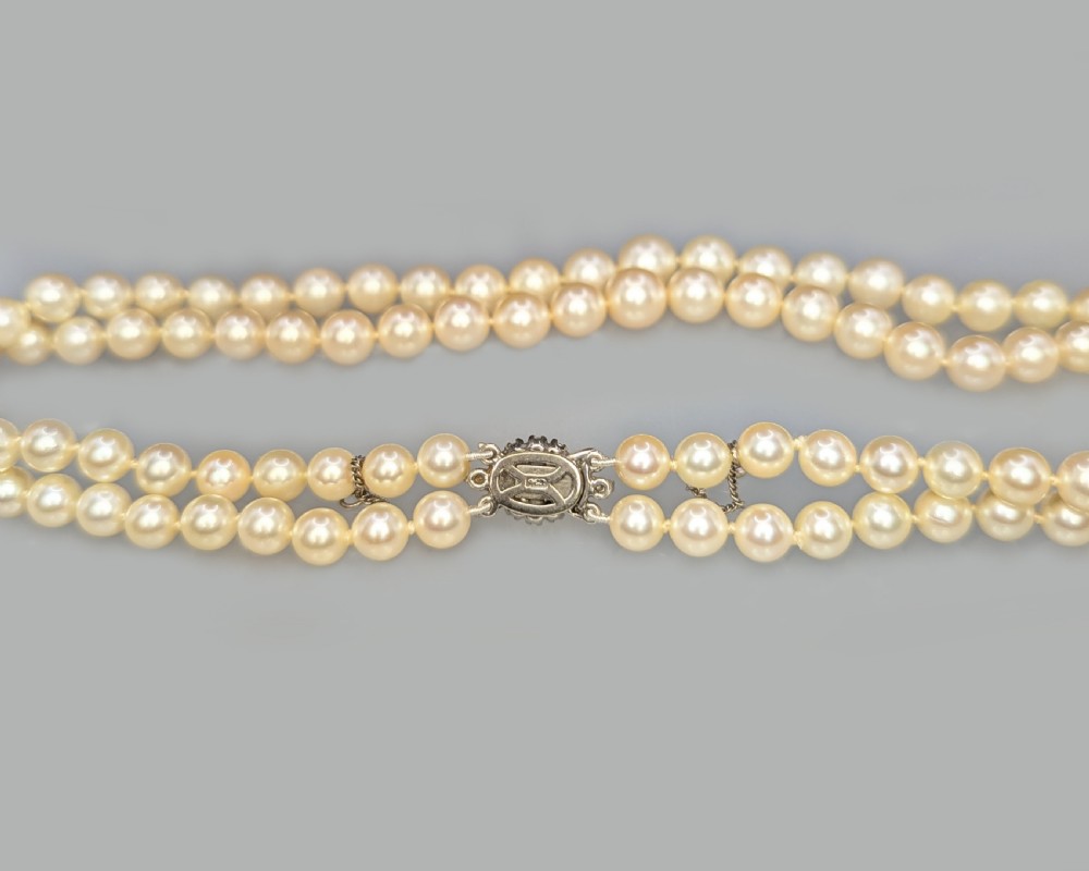 Edwardian Pearl Necklace Diamond Clasp Antique Two Row Pearls with Gem Certificate View VII