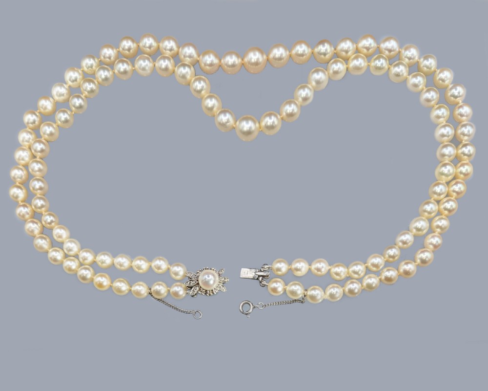 Edwardian Pearl Necklace Diamond Clasp Antique Two Row Pearls with Gem Certificate View VIII