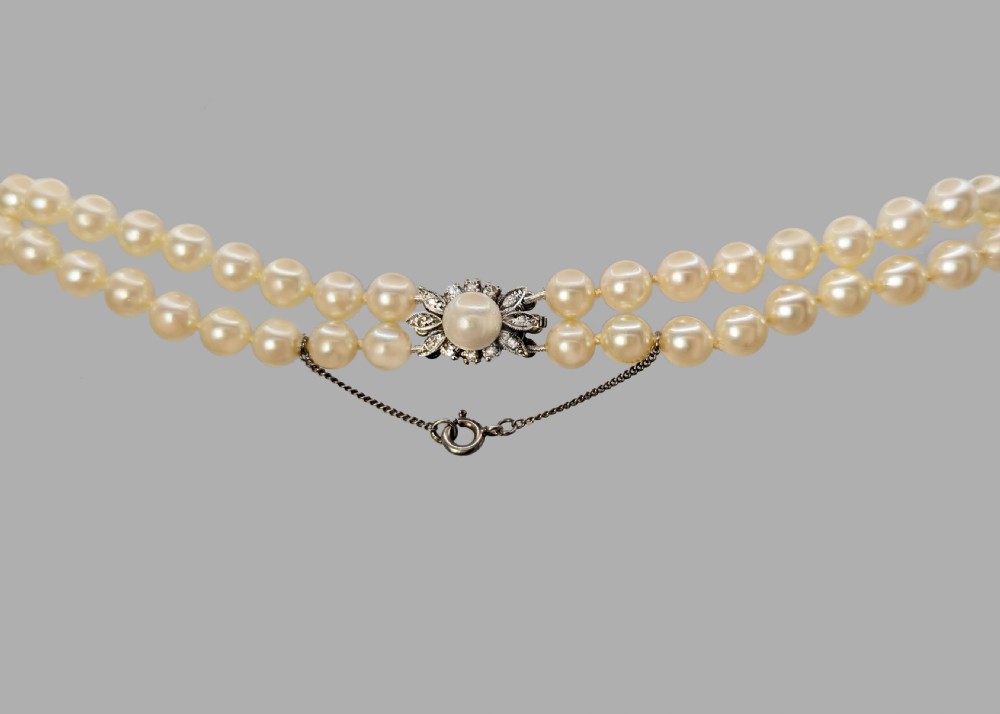 Edwardian Pearl Necklace Diamond Clasp Antique Two Row Pearls with Gem Certificate View X