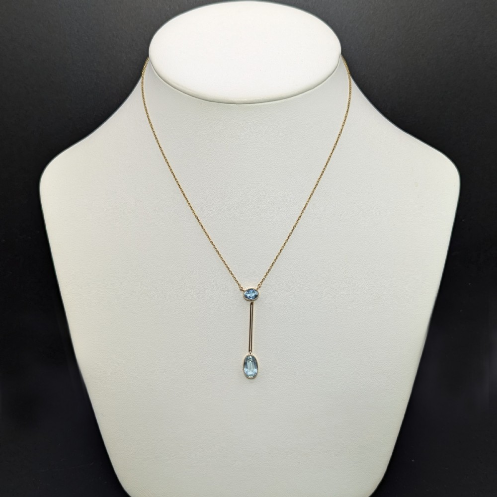 Antique Aquamarine 15ct Gold Pendant Necklace Edwardian Knife Edge Drop Circa 1910 View II