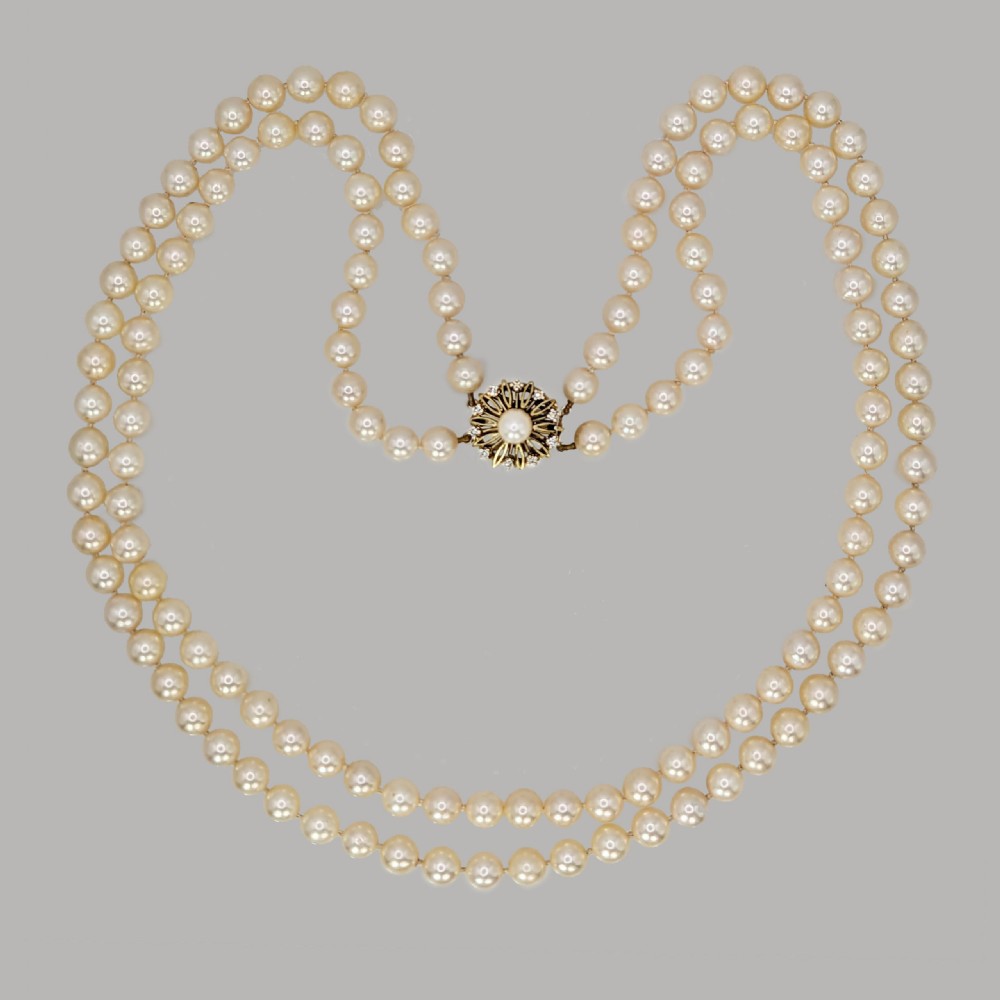 Vintage Pearl Necklace with Diamond Clasp Long Two Strand 1950s Retro Pearls