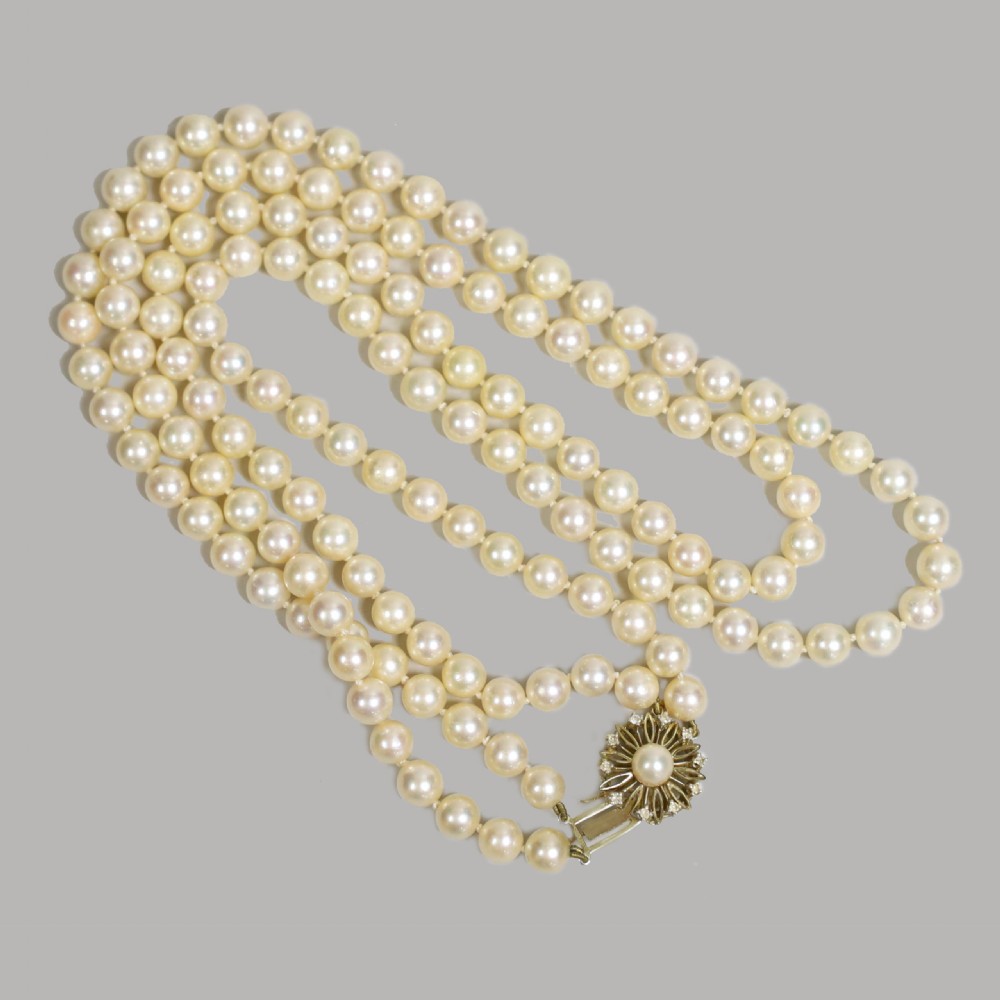 Vintage Pearl Necklace with Diamond Clasp Long Two Strand 1950s Retro Pearls View III