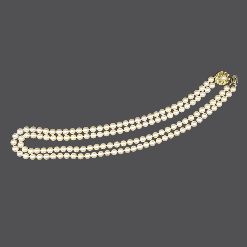 Vintage Pearl Necklace with Diamond Clasp Long Two Strand 1950s Retro Pearls View VI