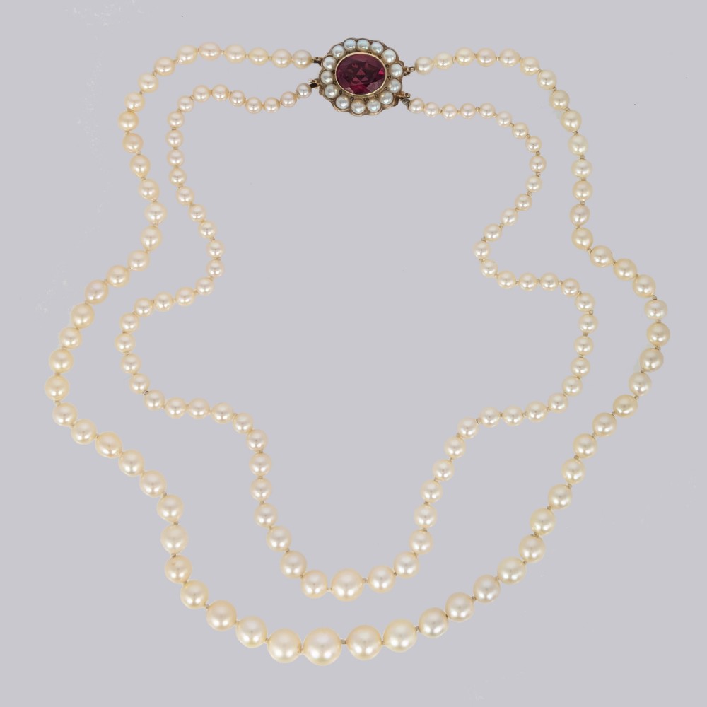 Vintage Pearl Necklace Double / Single Strand with 9ct Gold Floral Garnet Clasp