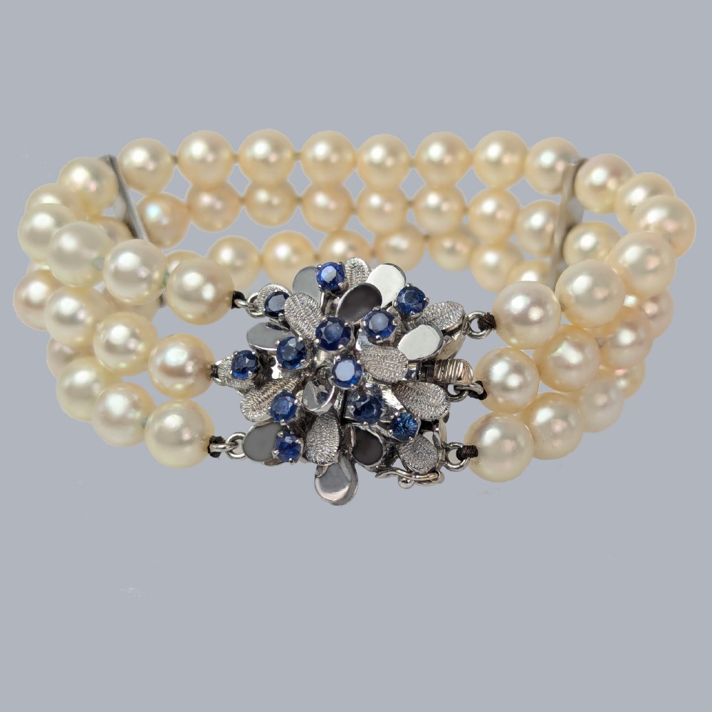 Vintage Pearl Bracelet Sapphire Abstract Clasp 14ct Gold 1950s Triple Strand