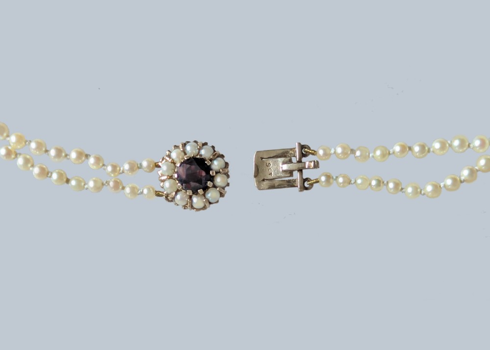 Vintage Pearl Necklace 9ct Gold Floral Garnet Clasp Double Strand 1940s Pearls View VI
