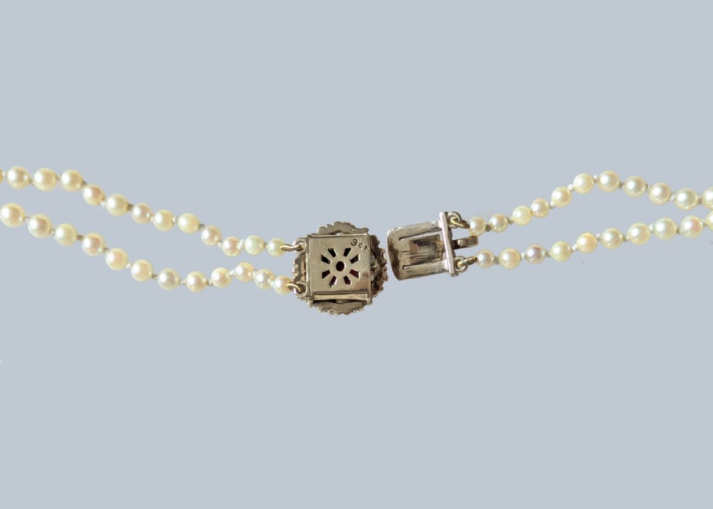 Vintage Pearl Necklace 9ct Gold Floral Garnet Clasp Double Strand 1940s Pearls View VII