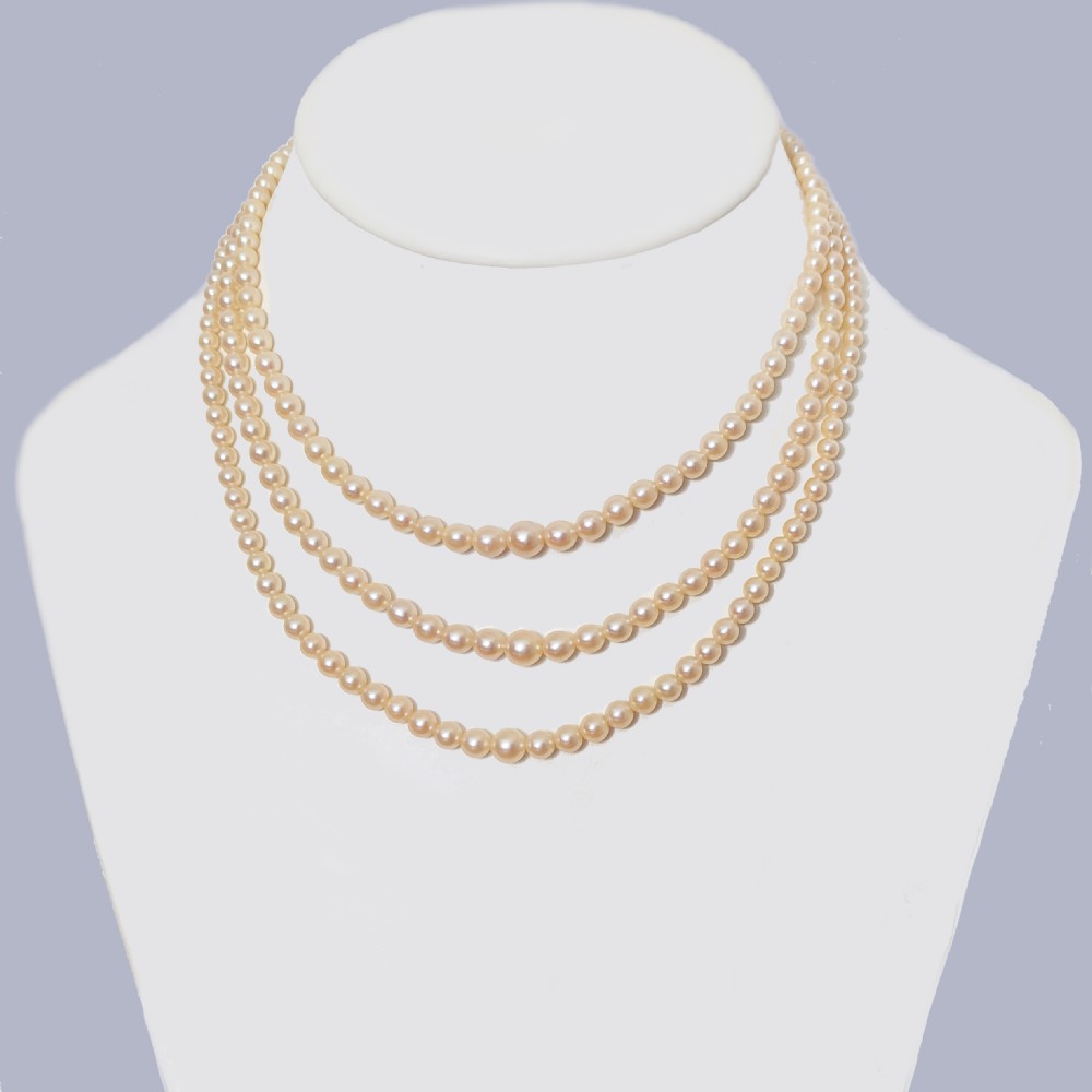 Vintage Triple Strand Pearl Necklace 9ct Gold Diamond and Sapphire Cluster Clasp View II