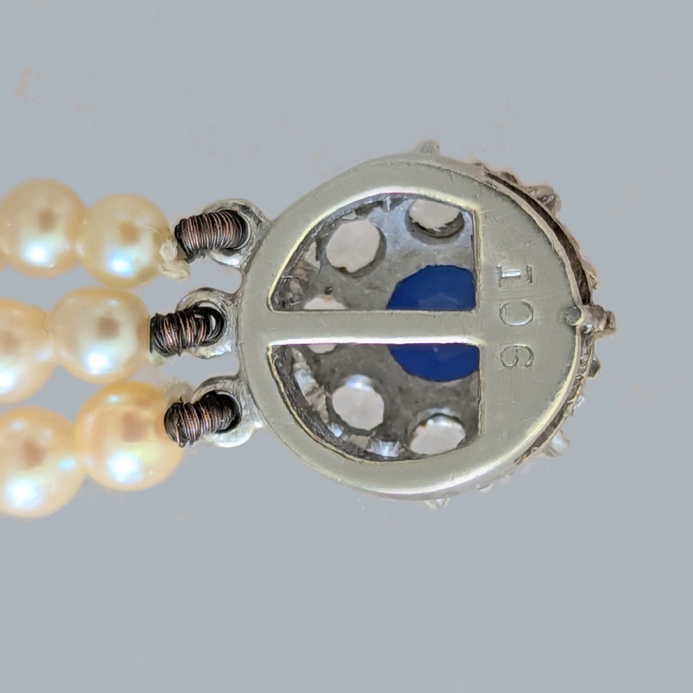 Vintage Triple Strand Pearl Necklace 9ct Gold Diamond and Sapphire Cluster Clasp View IV
