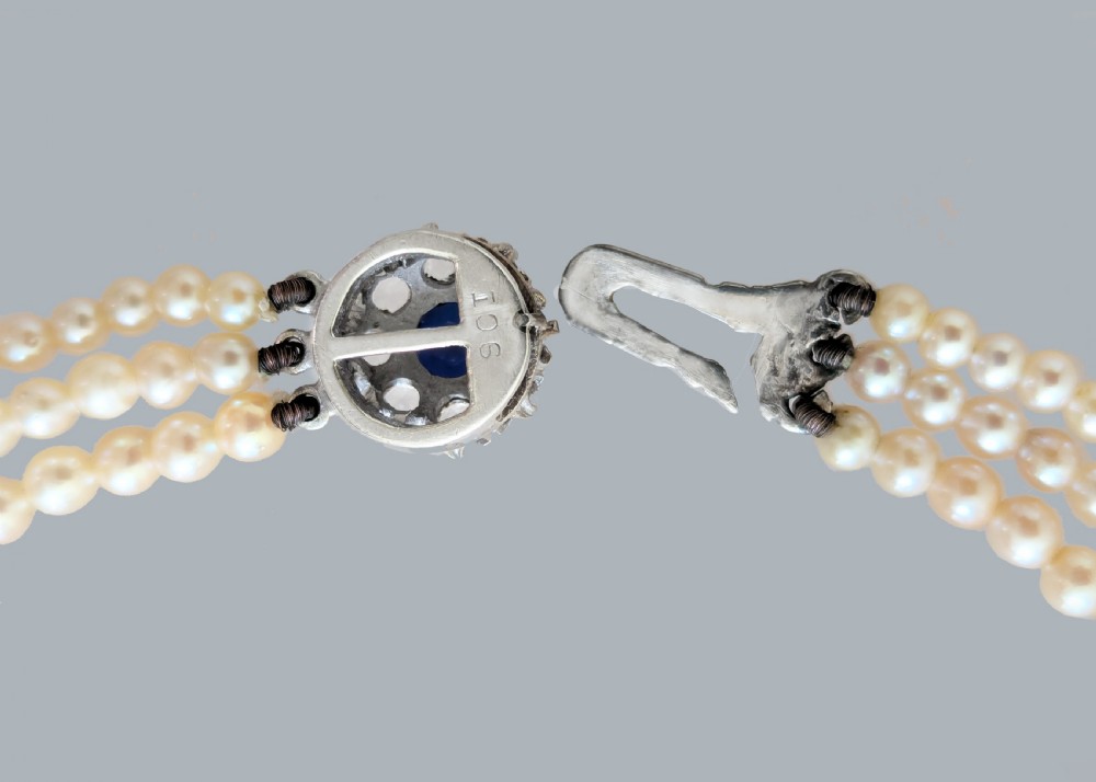 Vintage Triple Strand Pearl Necklace 9ct Gold Diamond and Sapphire Cluster Clasp View V