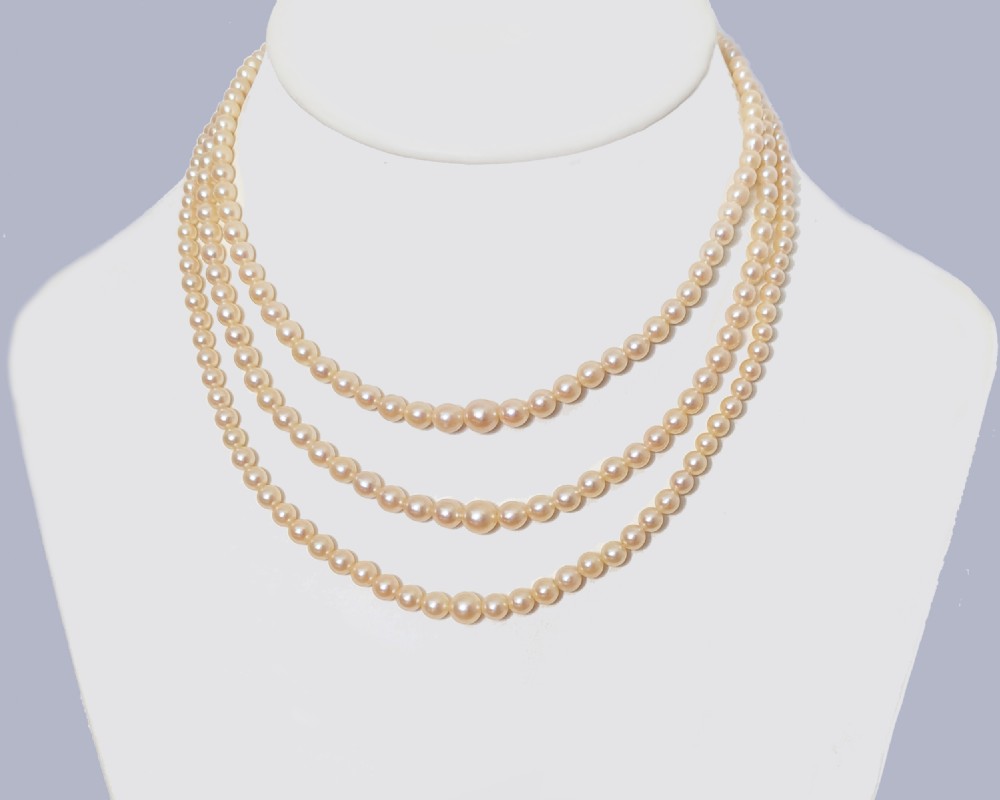 Vintage Triple Strand Pearl Necklace 9ct Gold Diamond and Sapphire Cluster Clasp View VII