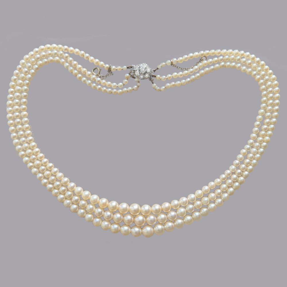 Antique Pearl Necklace Old Cut Diamond Clasp Edwardian Triple Stand Pearls Gem Lab Report