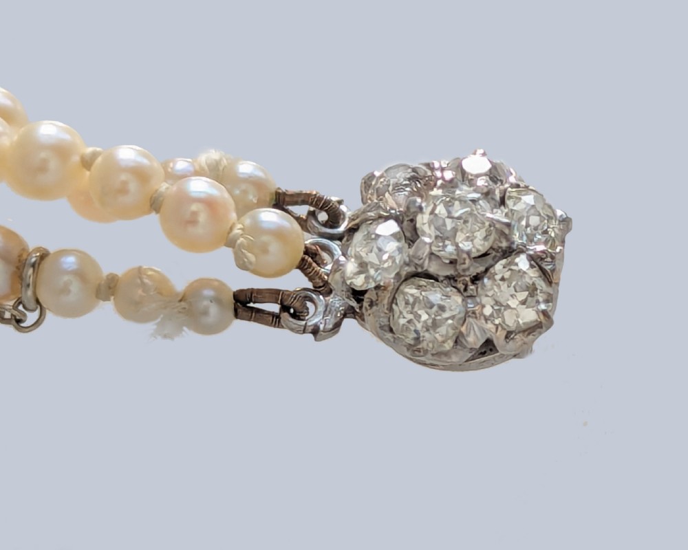 Antique Pearl Necklace Old Cut Diamond Clasp Edwardian Triple Stand Pearls Gem Lab Report View III