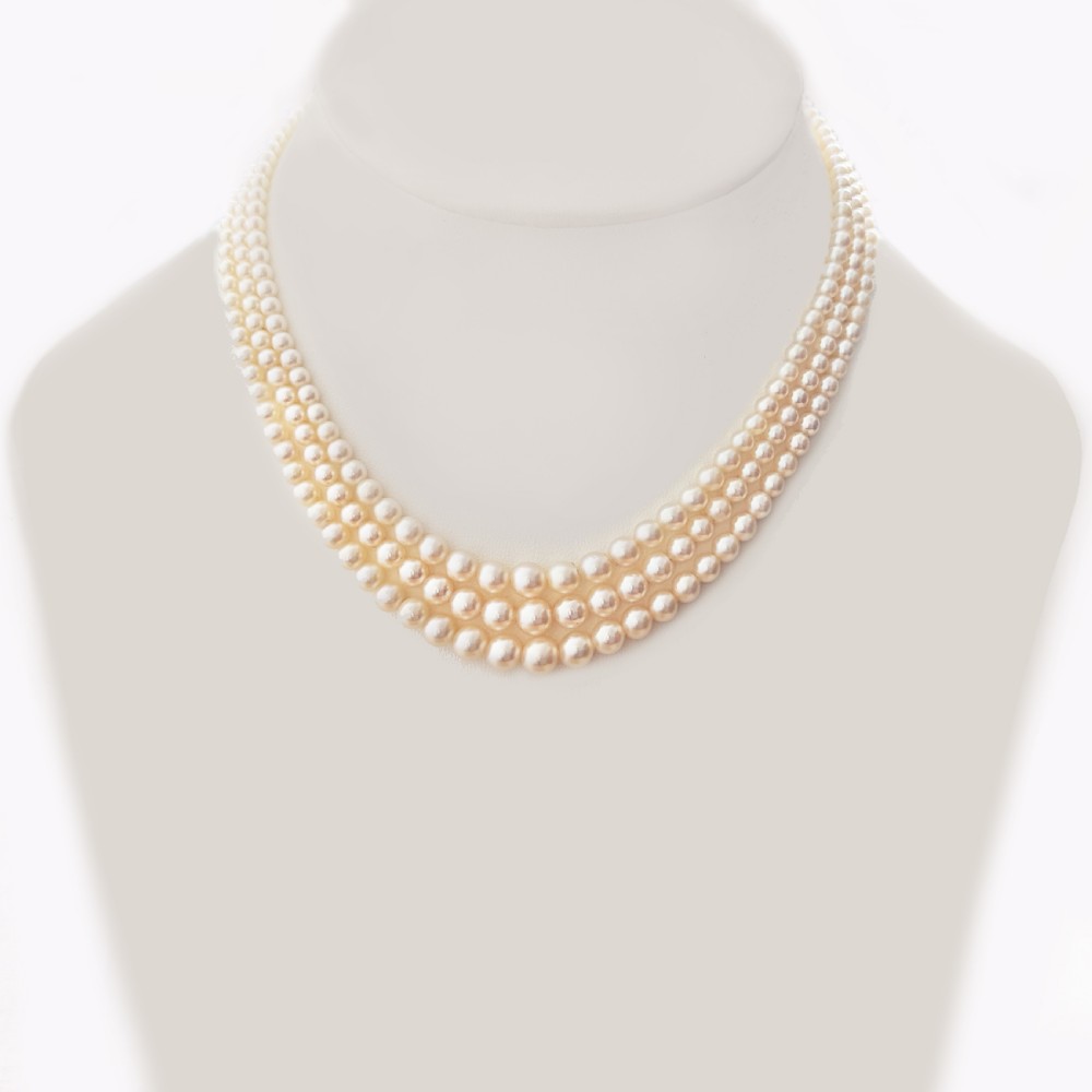 Antique Pearl Necklace Old Cut Diamond Clasp Edwardian Triple Stand Pearls Gem Lab Report View V