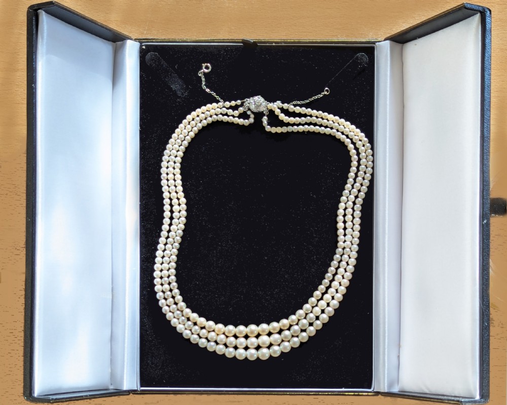 Antique Pearl Necklace Old Cut Diamond Clasp Edwardian Triple Stand Pearls Gem Lab Report View VI