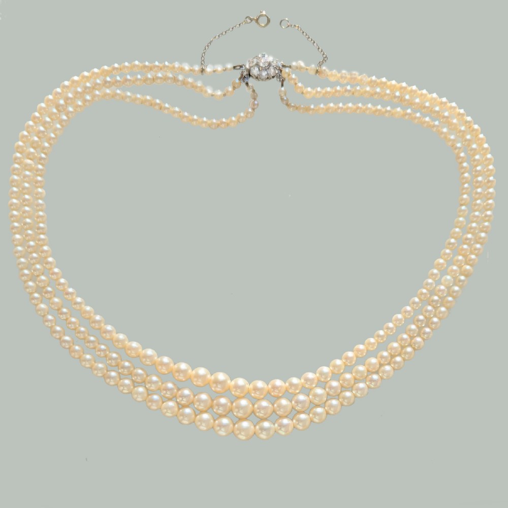 Antique Pearl Necklace Old Cut Diamond Clasp Edwardian Triple Stand Pearls Gem Lab Report View VII