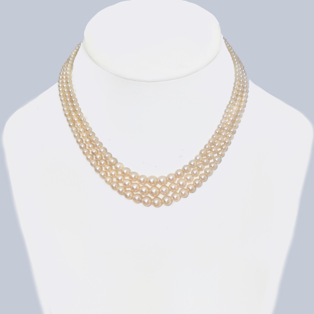 Vintage Triple Strand Pearl Necklace 14ct Gold Ornate Clasp Three Strand 1960s View II