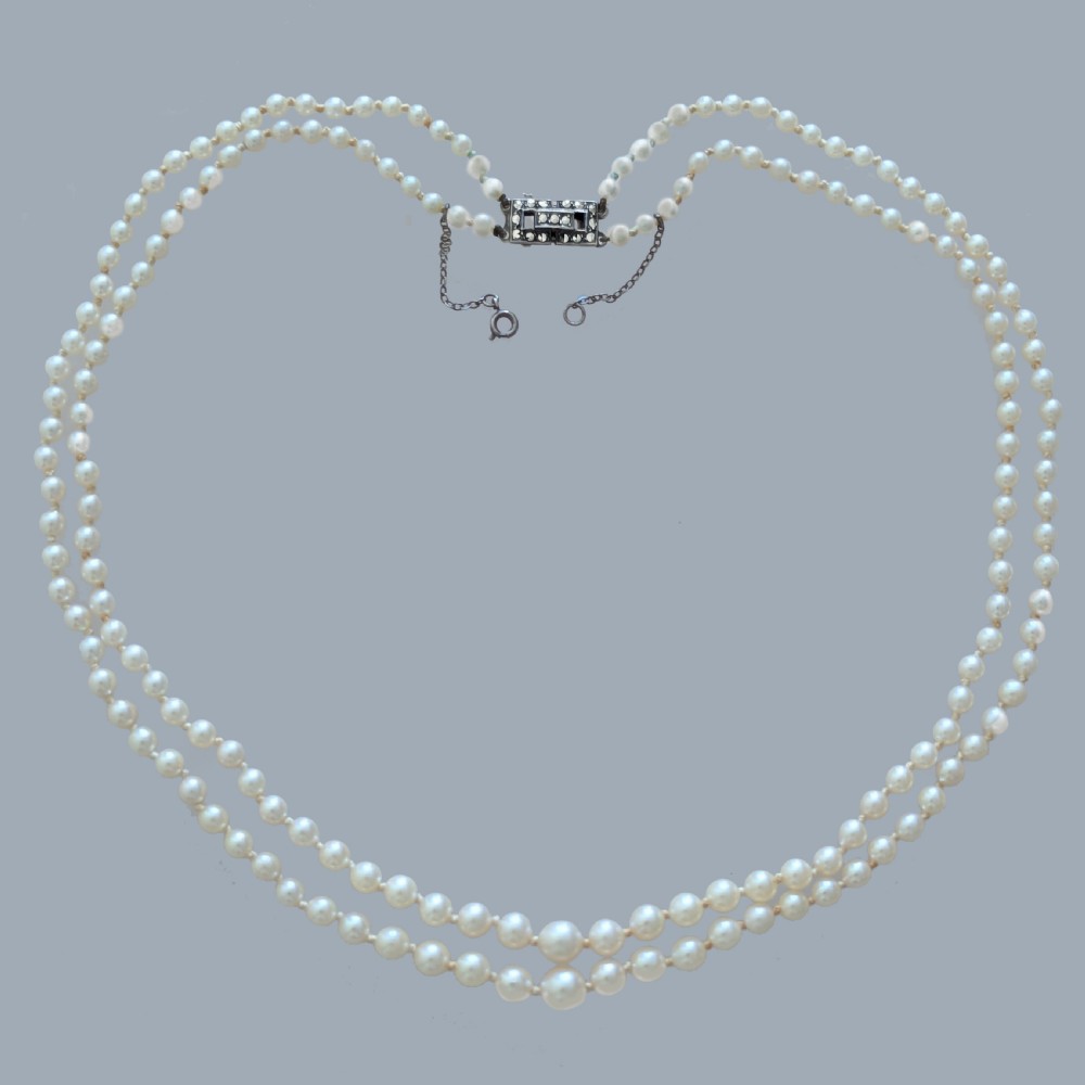 Vintage Double Strand Pearl Necklace Marcasite Clasp 22