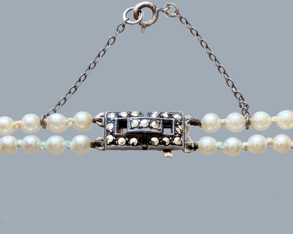 Vintage Double Strand Pearl Necklace Marcasite Clasp 22