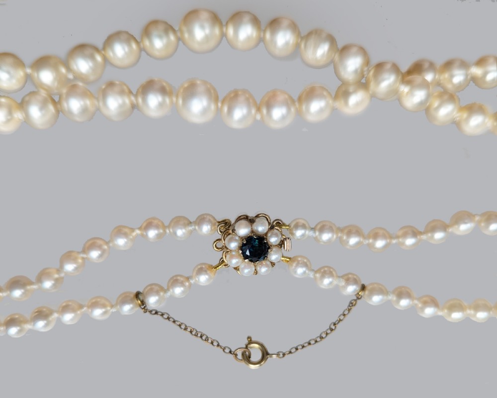 Vintage Pearl Necklace 9ct Gold Floral Sapphire Clasp Double Strand Pearls View IV
