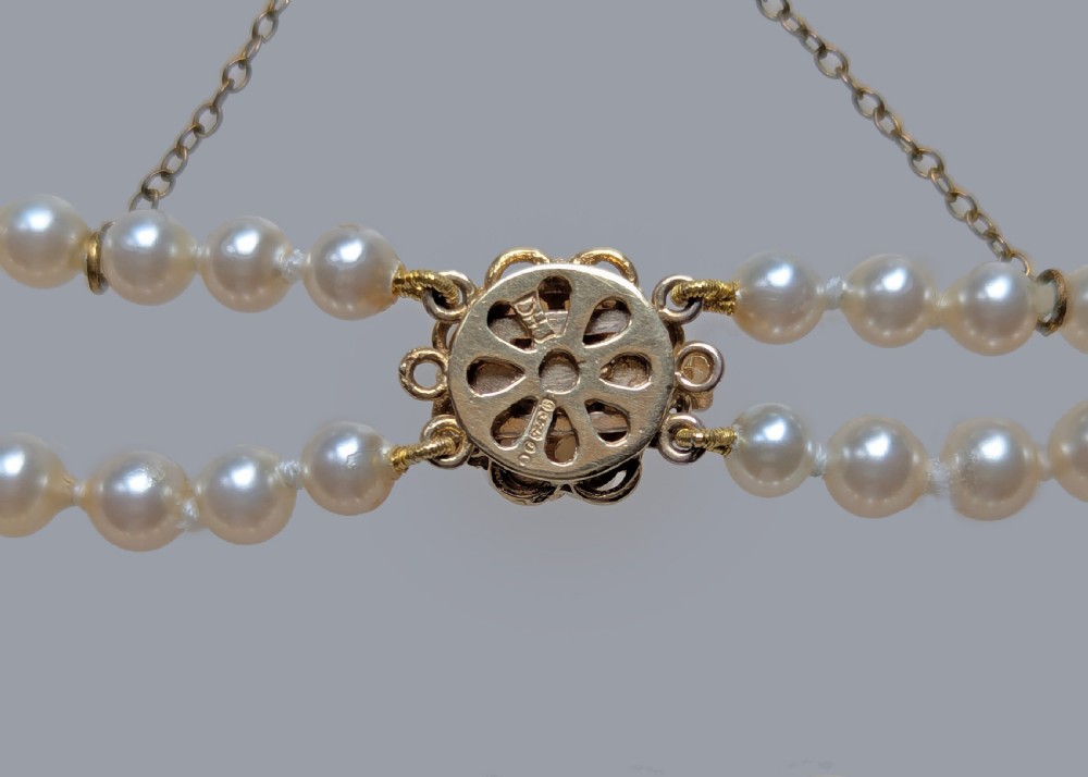 Vintage Pearl Necklace 9ct Gold Floral Sapphire Clasp Double Strand Pearls View VII
