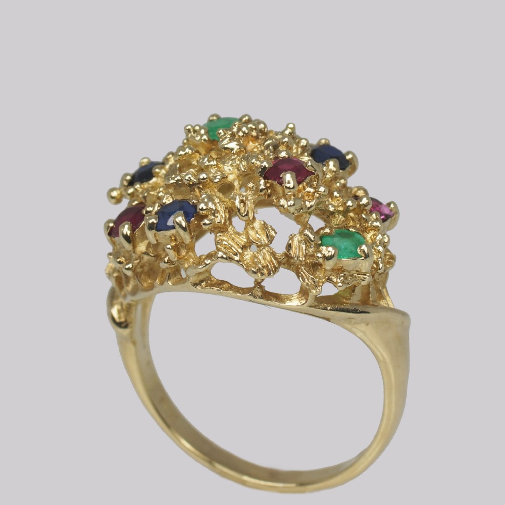 Cluster Ring Ruby Sapphire Emerald Vintage London 9ct Gold 1950s Cocktail Bombe Ring View VI