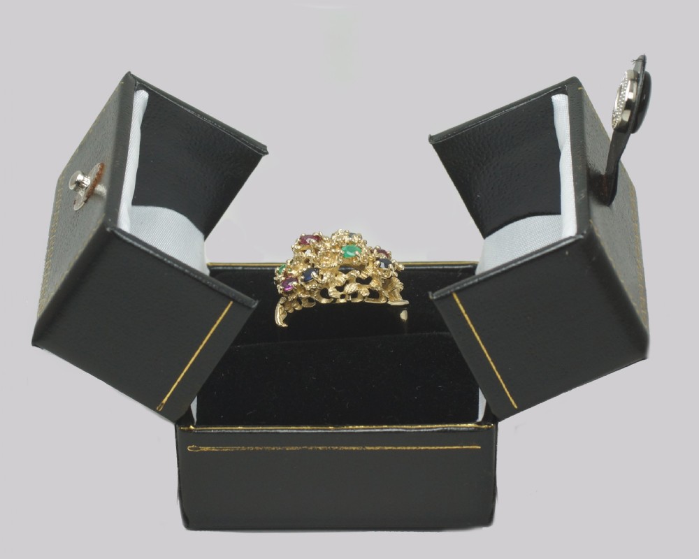 Cluster Ring Ruby Sapphire Emerald Vintage London 9ct Gold 1950s Cocktail Bombe Ring View VII