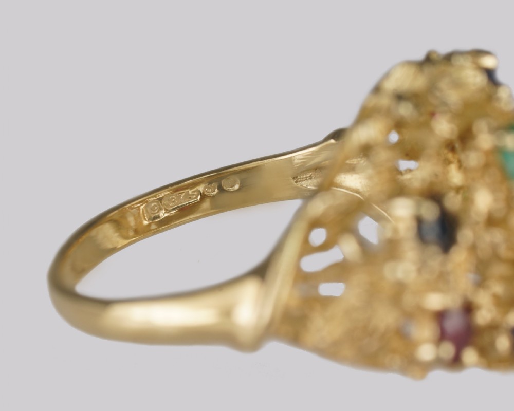 Cluster Ring Ruby Sapphire Emerald Vintage London 9ct Gold 1950s Cocktail Bombe Ring View IX