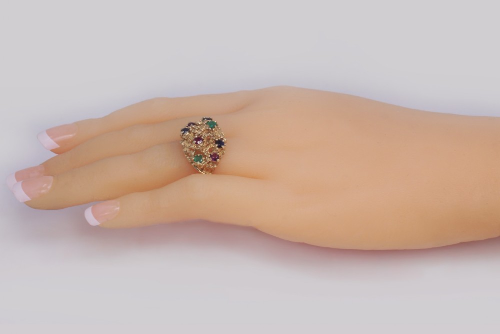 Cluster Ring Ruby Sapphire Emerald Vintage London 9ct Gold 1950s Cocktail Bombe Ring View X
