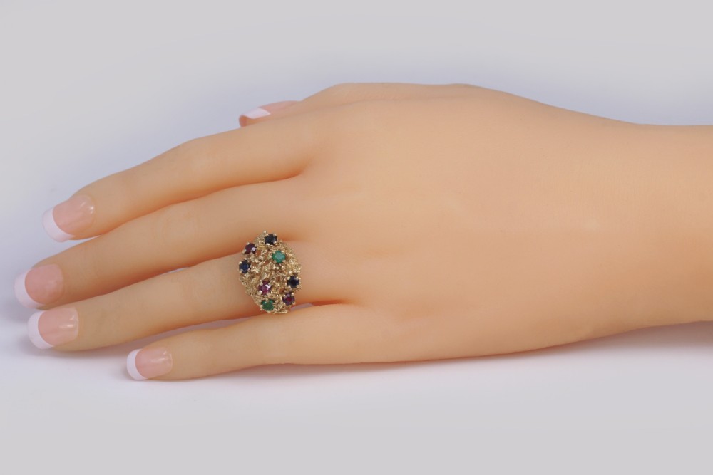 Cluster Ring Ruby Sapphire Emerald Vintage London 9ct Gold 1950s Cocktail Bombe Ring View XIII