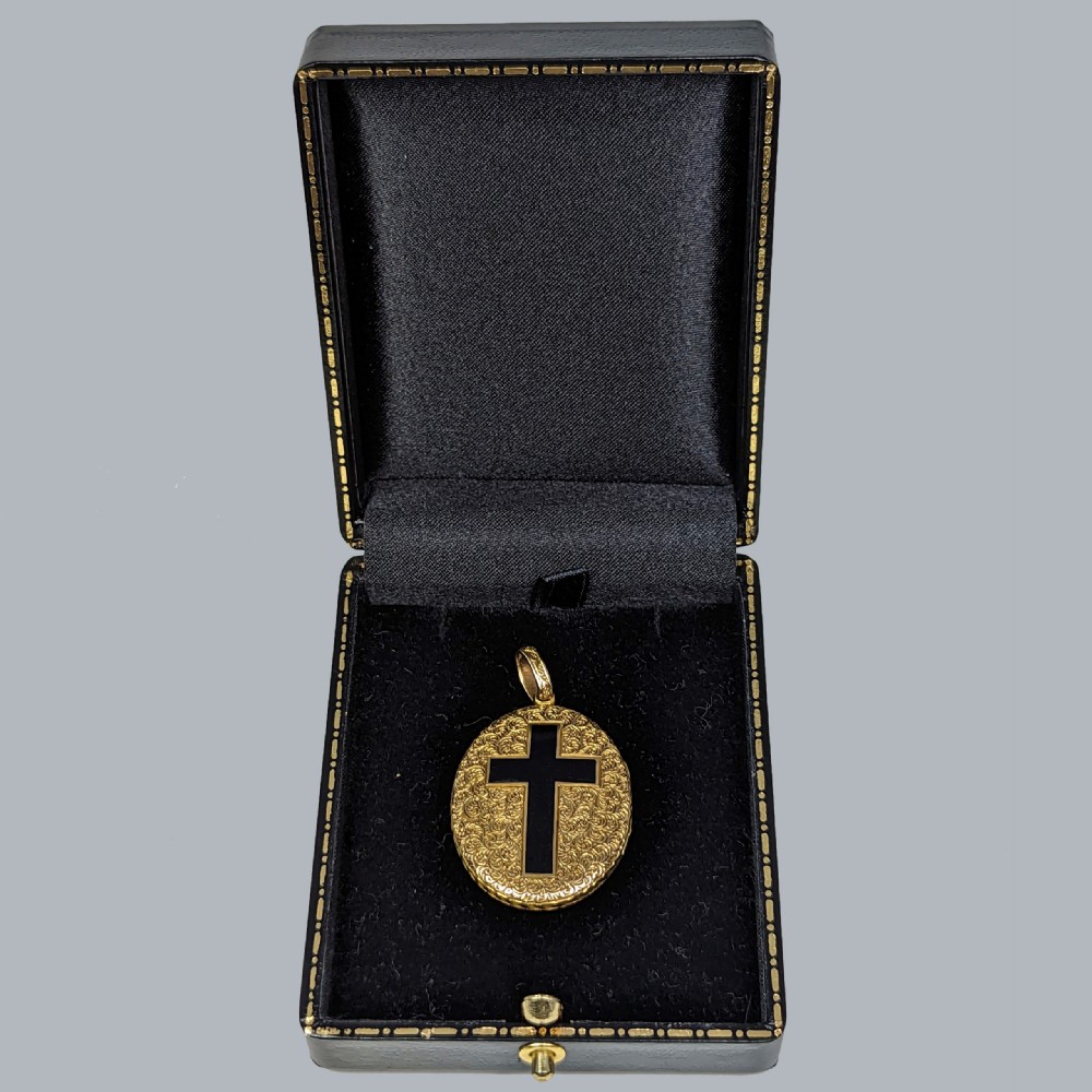 Victorian Locket 15ct Gold Black Enamel Cross Antique Photo Mourning Locket 1874 View VI