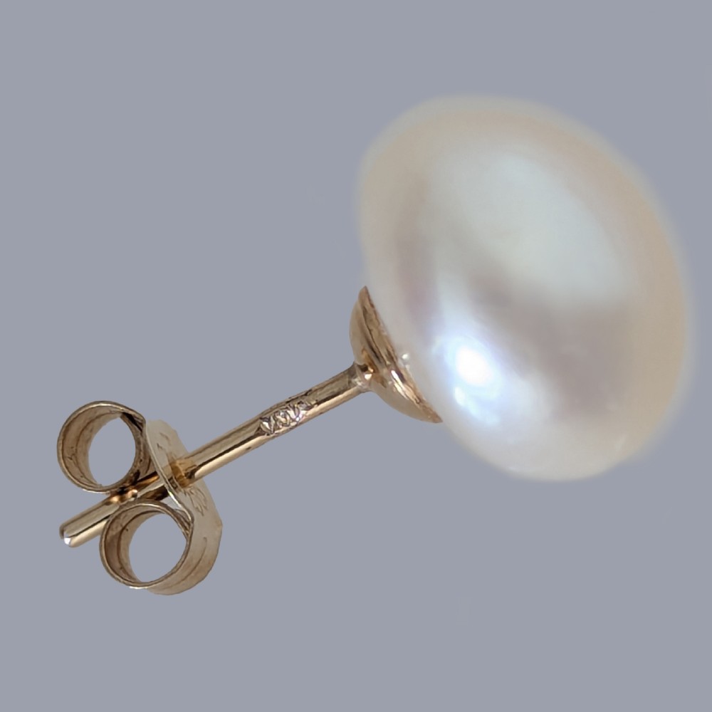Vintage Pearl Stud Earrings 11mm Button Shaped Freshwater Pearls 9ct Gold Posts View V