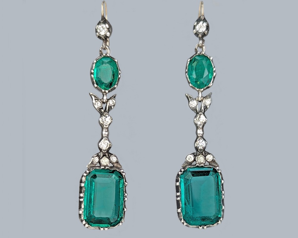 Victorian Dangle Earrings Gold and Silver Emerald Green Antique Hook Drop Crystal Earrings View II