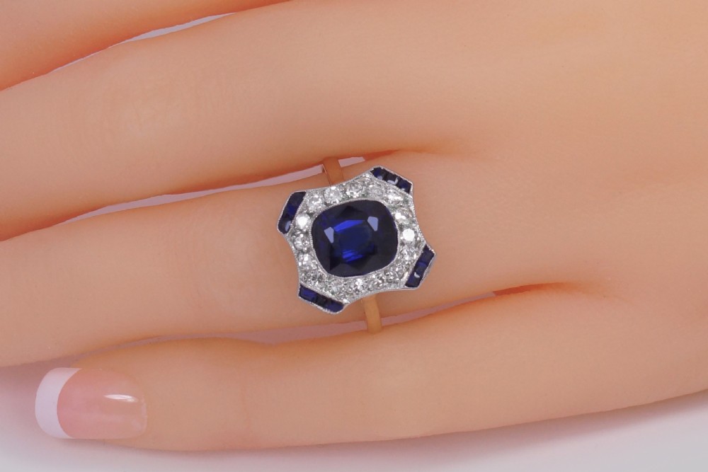 Sapphire Diamond Ring Art Deco French 1920s 18ct Gold and Platinum Antique Cluster Ring View III