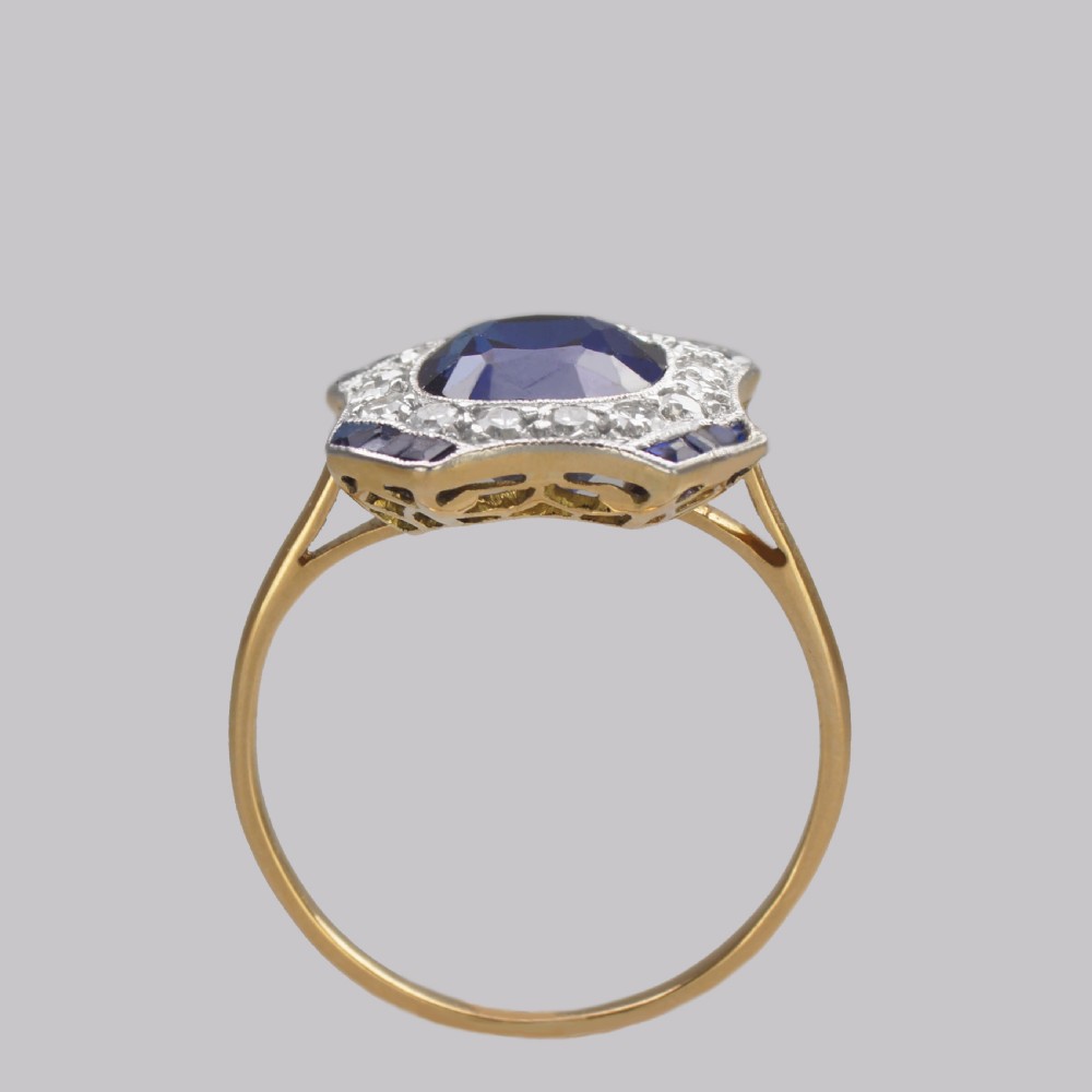 Sapphire Diamond Ring Art Deco French 1920s 18ct Gold and Platinum Antique Cluster Ring View V