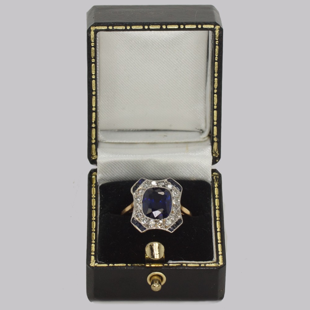 Sapphire Diamond Ring Art Deco French 1920s 18ct Gold and Platinum Antique Cluster Ring View VII