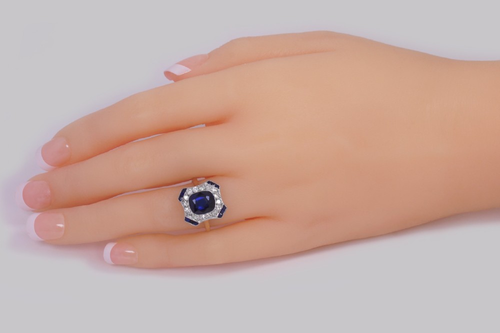 Sapphire Diamond Ring Art Deco French 1920s 18ct Gold and Platinum Antique Cluster Ring View VIII