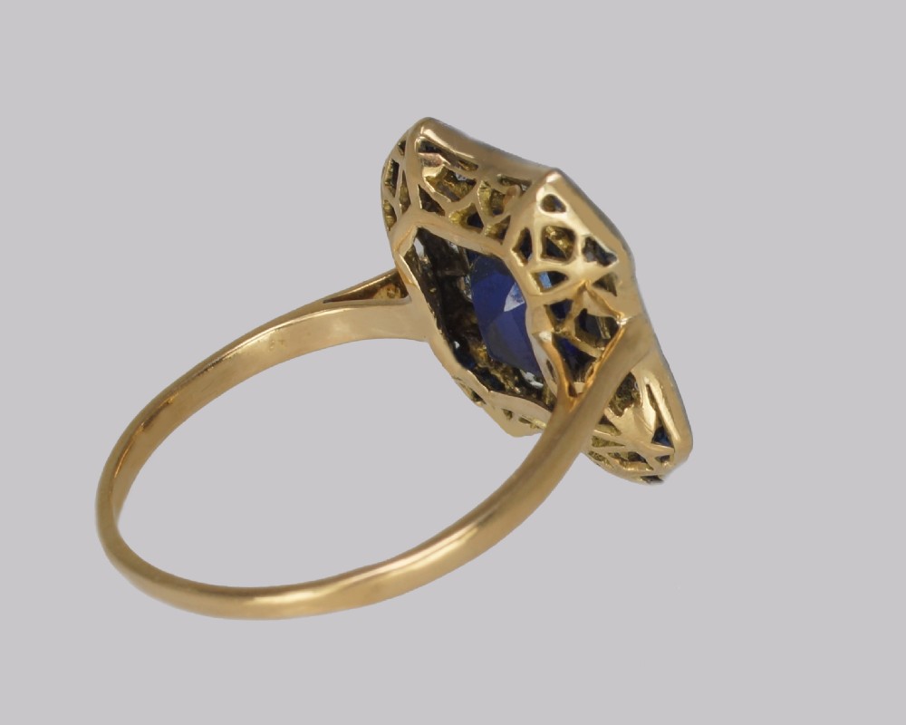 Sapphire Diamond Ring Art Deco French 1920s 18ct Gold and Platinum Antique Cluster Ring View X