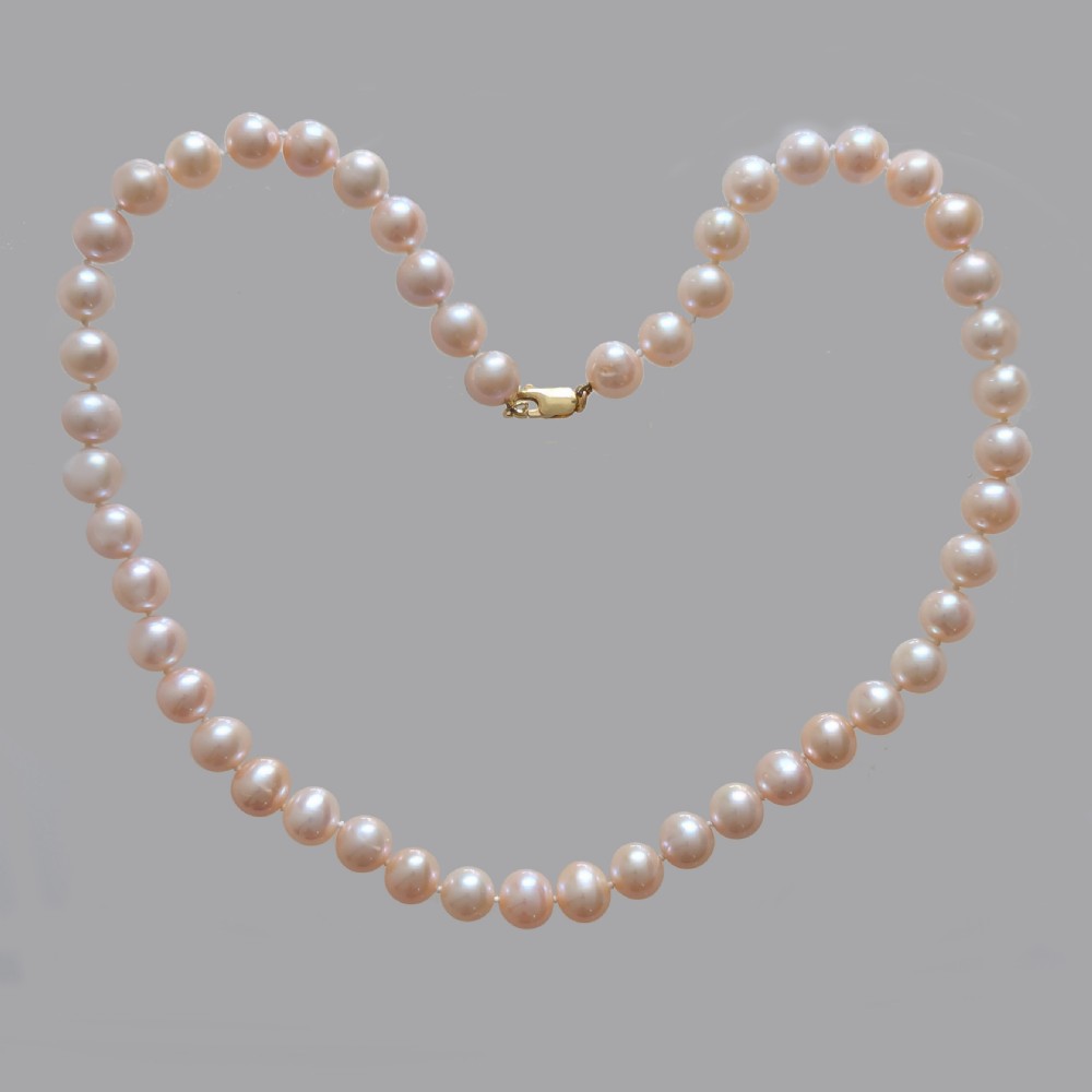 Single Strand Pearl Necklace Large 9mm Pink Pearls 18ct Gold Lobster Clasp 1960s