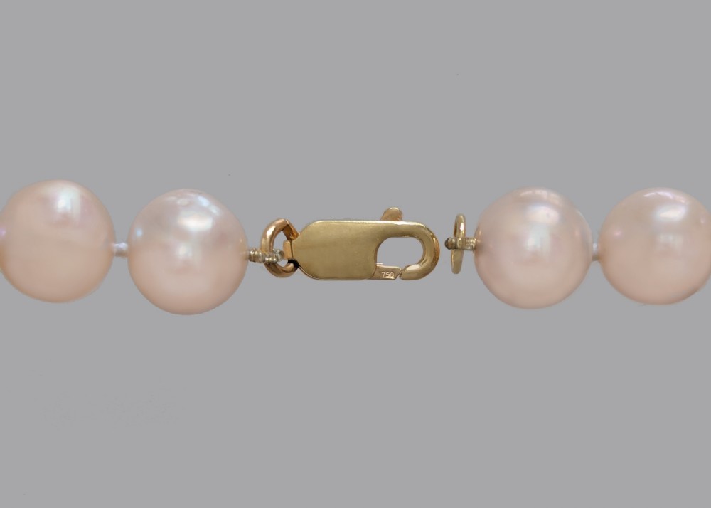 Single Strand Pearl Necklace Large 9mm Pink Pearls 18ct Gold Lobster Clasp 1960s View V