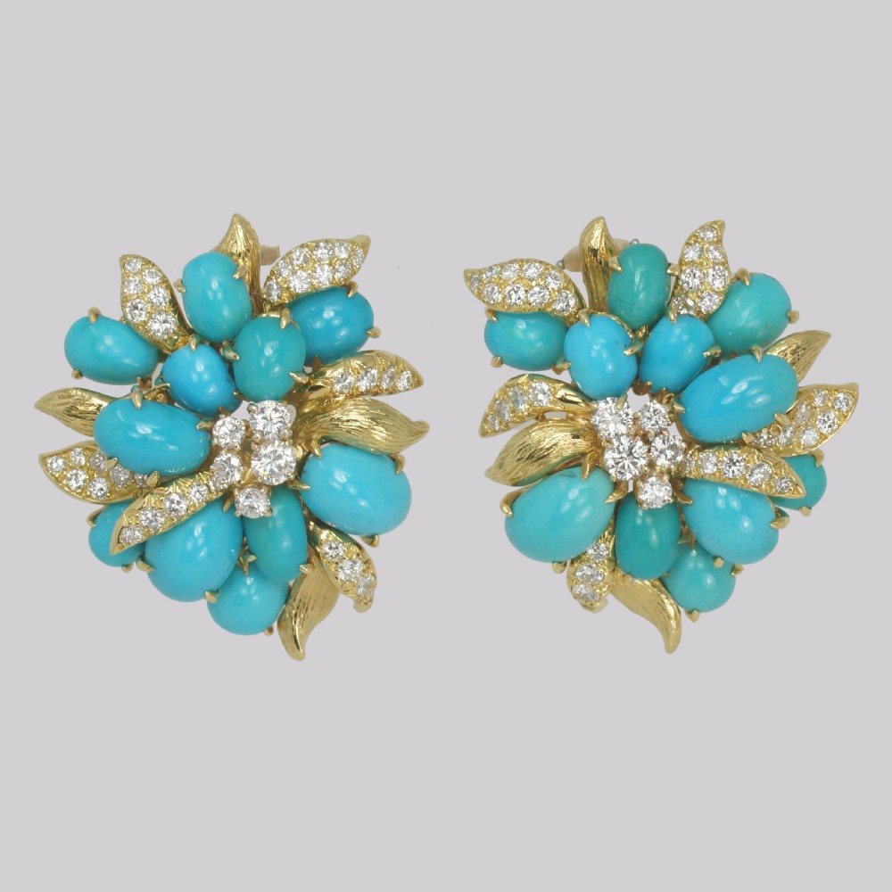 Vintage Julius Cohen Turquoise & Diamond Cluster Earrings 14ct Gold Circa 1960s View III