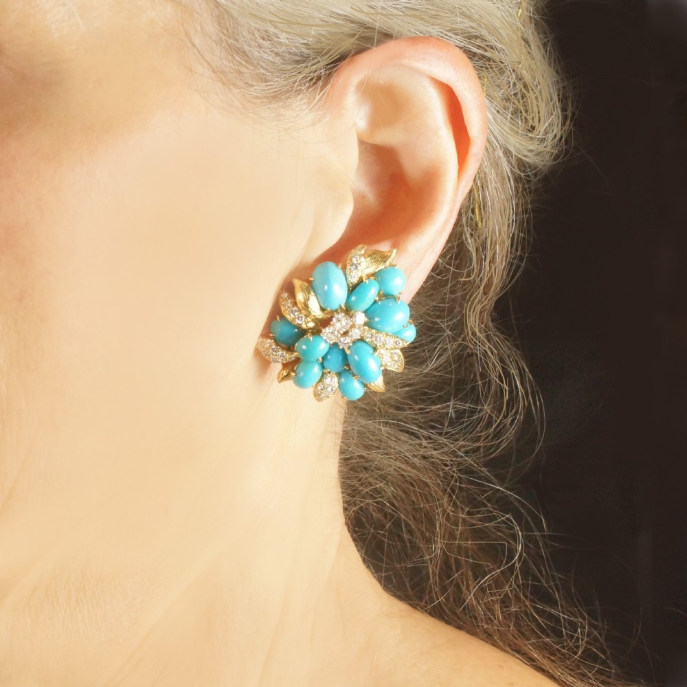 Vintage Julius Cohen Turquoise & Diamond Cluster Earrings 14ct Gold Circa 1960s View V