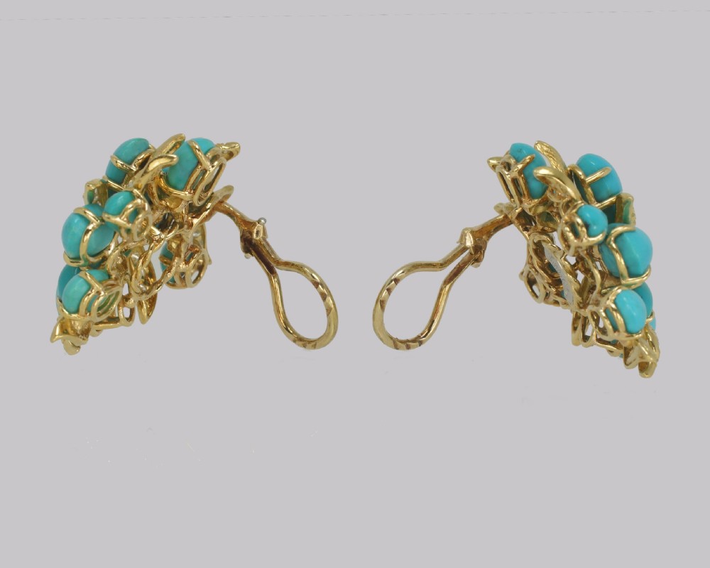 Vintage Julius Cohen Turquoise & Diamond Cluster Earrings 14ct Gold Circa 1960s View XI
