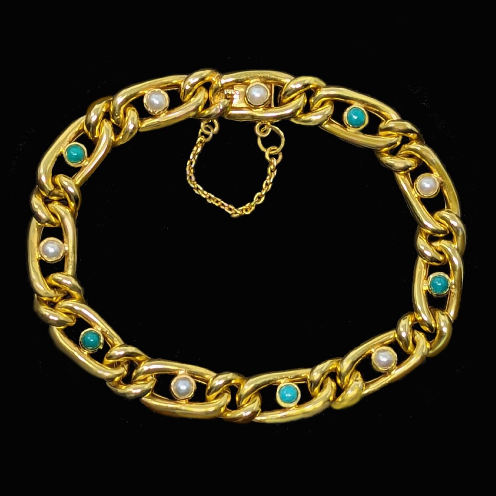 Victorian 15ct Gold Turquoise & Pearl Curb Link Bracelet English Antique circa 1880 View II